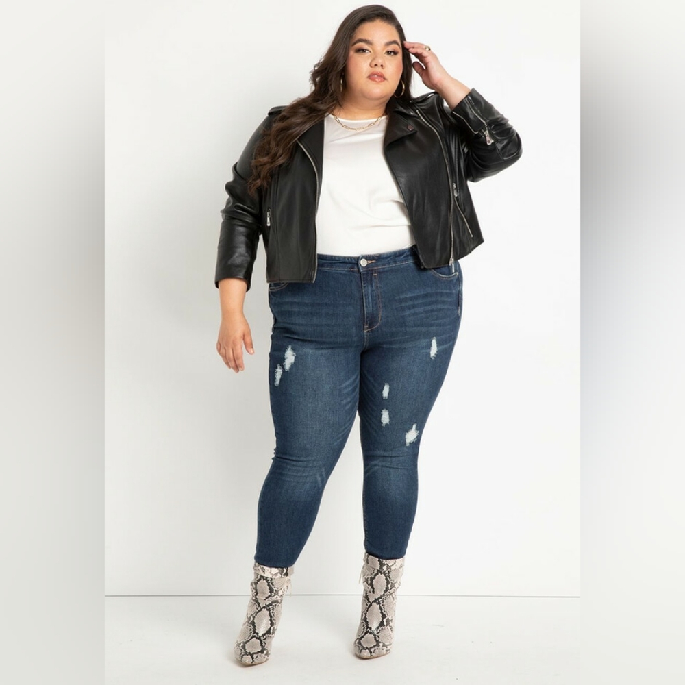 Eloquii Gena Fit Peach Lift Distressed Skinny Jeans Indigo Wash